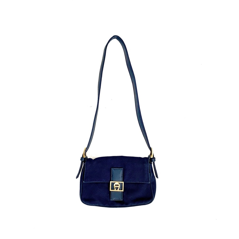 Vintage Etienne Aigner Navy Blue and Gold Logo Accent Mini Shoulder Purse Bag